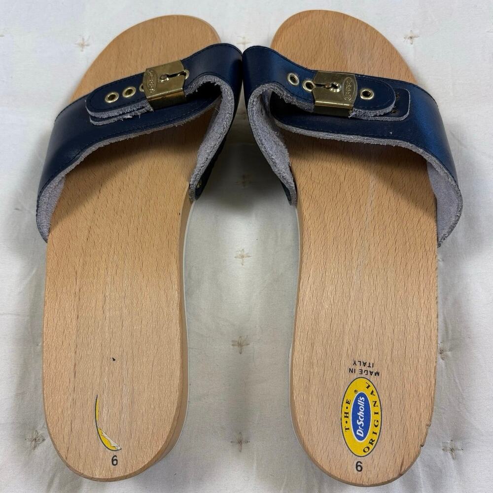 Vintage Dr Scholl's Classic Wooden Platform Sandals Women's 9 Navy Blue - Picture 3 of 6